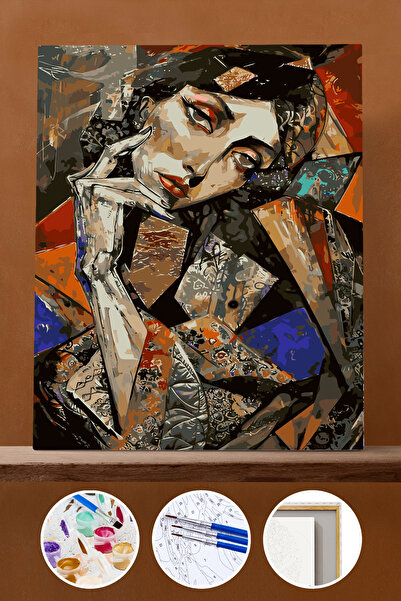 Pastelya Sayılarla Boyama Seti Çerçeveli Kasnaklı Sofistik Kadın 60x75 cm