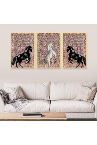 SND ثلاث لوحات قماشية بتصميم حصان مع برواز ذهبي مجوف
