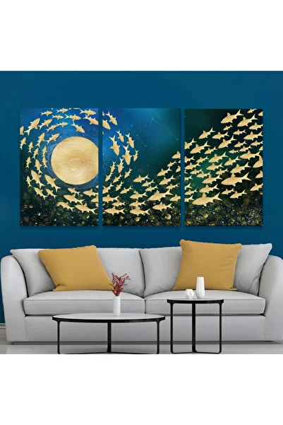 4gdran Three luxurious modern canvas paintings with a hollow gold frame