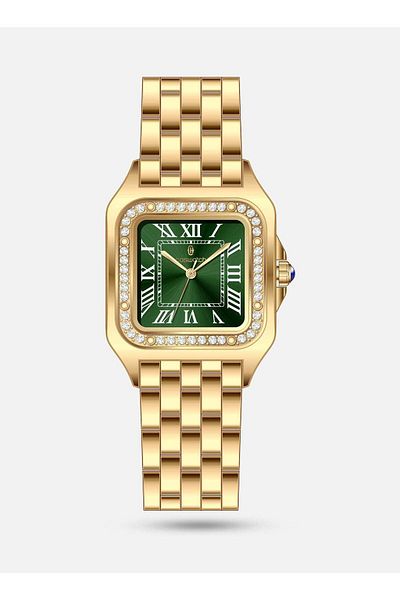 Generic Women's Luxury Watch with Golden Steel Strap and Green Dial