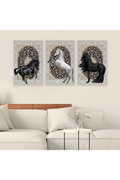 SND ثلاث لوحات قماشية بتصميم حصان مع برواز فضي مجوف