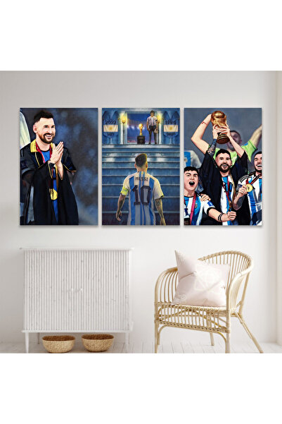 SND ثلاث لوحات قماشية ليونيل ميسي 2022 منتخب الارجنتين مع برواز فضي مجوف