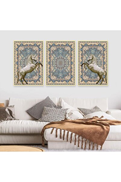 4gdran ثلاث لوحات قماشية بتصميم حصان مع برواز ذهبي مجوف