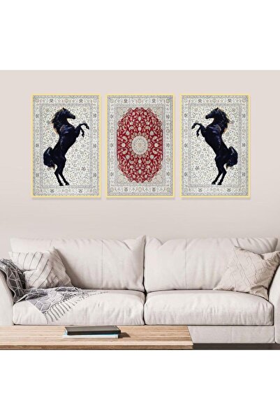 SND ثلاث لوحات قماشية بتصميم حصان مع برواز ذهبي مجوف