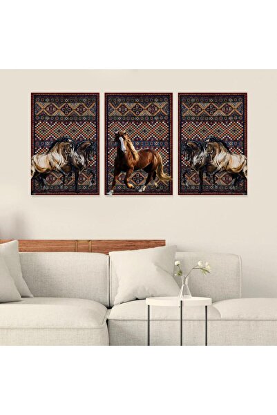 SND ثلاث لوحات قماشية بتصميم حصان مع برواز خشبي مخفي