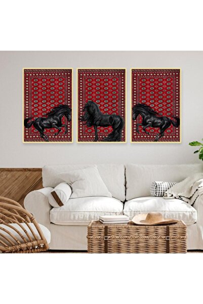 4gdran ثلاث لوحات قماشية بتصميم حصان مع برواز ذهبي مجوف