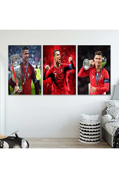 Marktna ثلاث لوحات قماشية كريستيانو رونالدو مع برواز خشبي مخفي