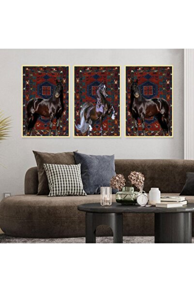 4gdran Three canvas paintings of a horse design with a hollow gold frame
