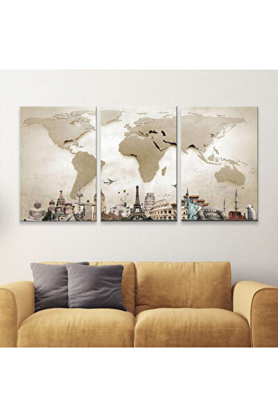 SND ثلاث لوحات قماشية بتصميم خريطة العالم مع برواز خشبي مخفي