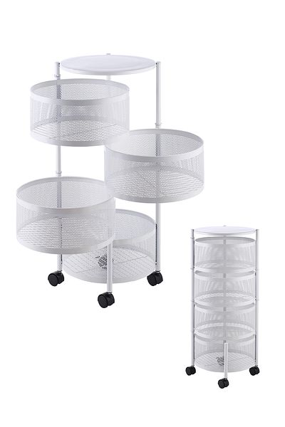 Lawazim 4 Layer Circular Storage Rack - White Rolling Organizer with Baskets for Kitchen & Home