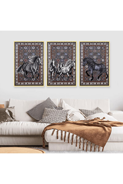 4gdran ثلاث لوحات قماشية بتصميم حصان مع برواز ذهبي مجوف