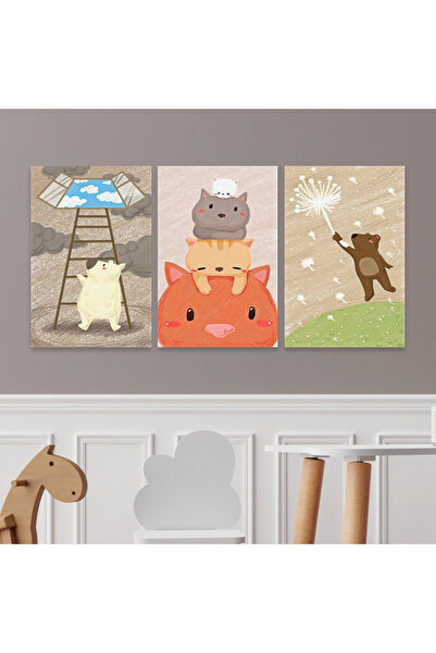 4gdran ثلاث لوحات قماشية مودرن لغرف الأطفال مع برواز خشبي مخفي