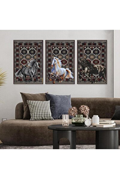 SND ثلاث لوحات قماشية بتصميم حصان مع برواز بني مجوف