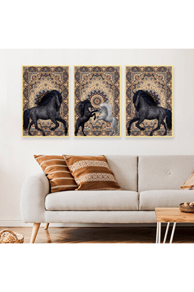 SND ثلاث لوحات قماشية بتصميم حصان مع برواز ذهبي مجوف