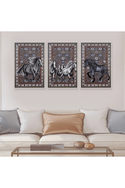 4gdran ثلاث لوحات قماشية بتصميم حصان مع برواز فضي مجوف