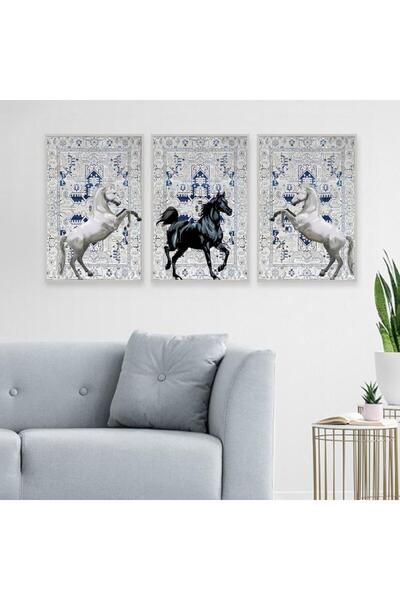 4gdran ثلاث لوحات قماشية بتصميم حصان مع برواز فضي مجوف
