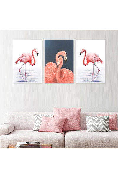 4gdran Three Flamingo Canvas Paintings with Hollow Brown Frame