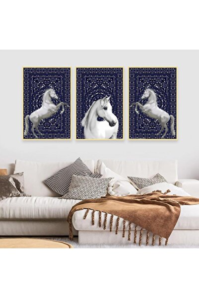 SND ثلاث لوحات قماشية بتصميم حصان مع برواز ذهبي مجوف