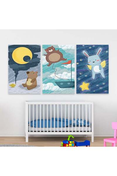Marktna ثلاث لوحات قماشية مودرن لغرف الأطفال مع برواز فضي مجوف