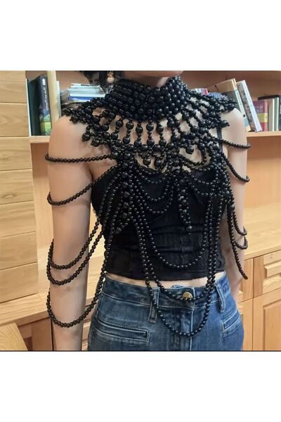 Yıldız Accessory Seksi Siyah İnci Şal Katmanlı Zerafet Kabile Rüzgar Moda Tak...