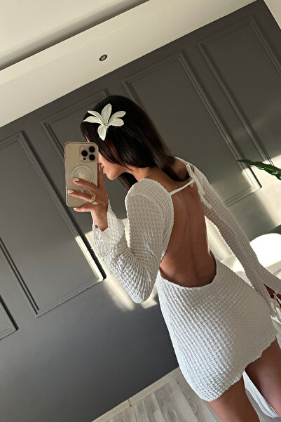 style of style Beyaz Bürümcük Sırtı Açık Elbise