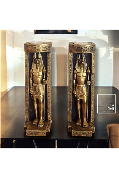 77 Anubis Figürlü 2'li Mumluk Şamdan, Antik Mısır Temalı Dekoratif Obje, Ev Ofis Hediyelik Eşya
