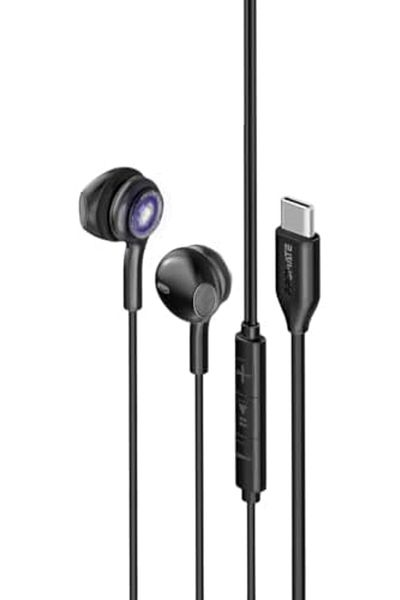 Promate Earphones with USB-C Connector, Transparent In-Ear USB-C HD Wired Earbuds with RGB Lights, M