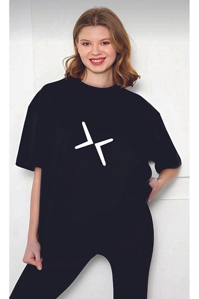 SAAT TEKSTİL ceas textil Tricou negru supradimensionat cu imprimeu cu logo mare