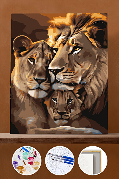 Pastelya Sayılarla Boyama Seti Çerçeveli Kasnaklı Aslan ve Ailesi 40x50 cm ky...