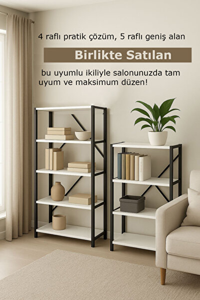 WANDOO 4 Raflı ve 5 Raflı Metal Kitaplık Raf Takımı Salon Ofis Depolama Ünite...