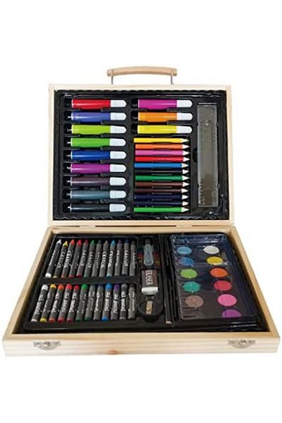 Toybox Kids Art Set in Wooden Carrying Case Including Paints, Crayons, Markers and More