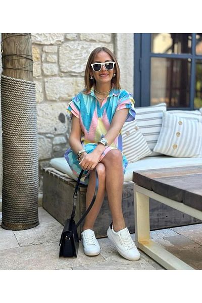 OXEDCO Rochie de damă cu guler polo cu model geometric cu mâneci cu șnur detaliat din in albastru