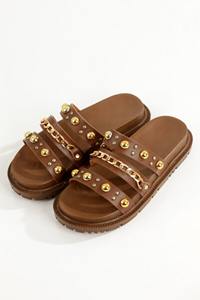 PAYZİN ''Semra'' Tan Skin Yellow Trok and Chain Orthopedic Slippers New Season