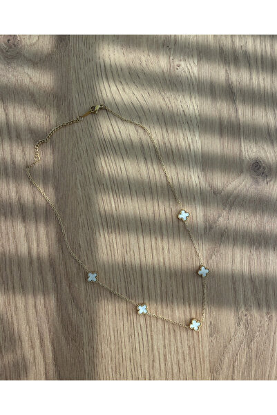 FANCY&COZY Çift Taraflı Beyaz Sedefli 316L Paslanmaz Çelik Kolye