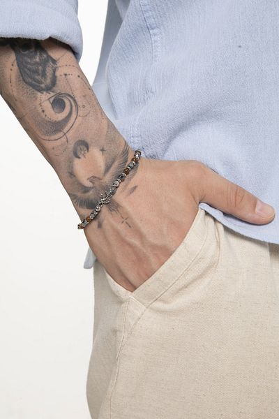 Fjellor Men's Brown-Grey Natural Stone Bracelet – Silver Color Anchor Detail