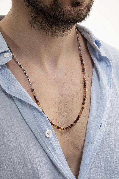 Fjellor Men's Bohemian Style Brown Natural Stone and Chain Necklace