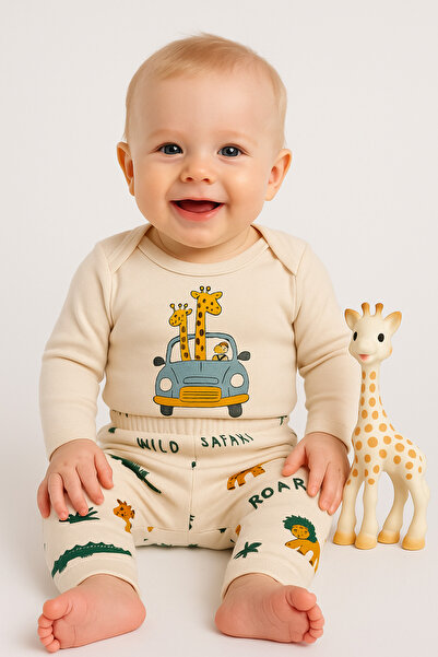 İZYALİF BABY Erkek Bebek Yenidoğan Zürafa Deswenli 2li Takım Set Alt Üst Çıtçıtlı Body Organik Pamuk