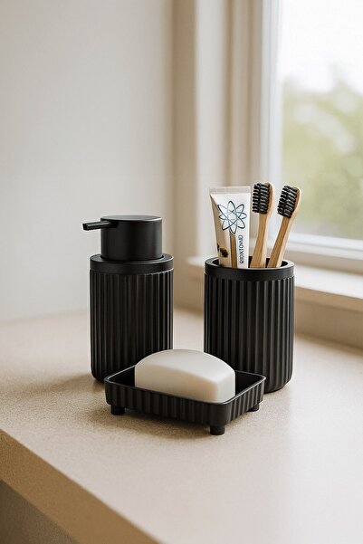 Sas Haus Lines Series Black Bathroom Set, 3 Piece Oval Acrylic Soap Dish Brush Holder and Liquid Soap Dispenser Set - 3319