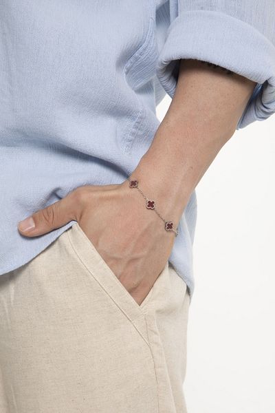 Fjellor Unisex Silver Claret Red Medium Size Figured Design Steel Bracelet