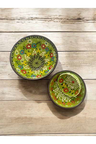 Artistic Quality Decorative 3 Pieces Green Tulip Tile Designed Fully Handmade Snack Bowl-Sauce Bowl-Breakfast Bowl