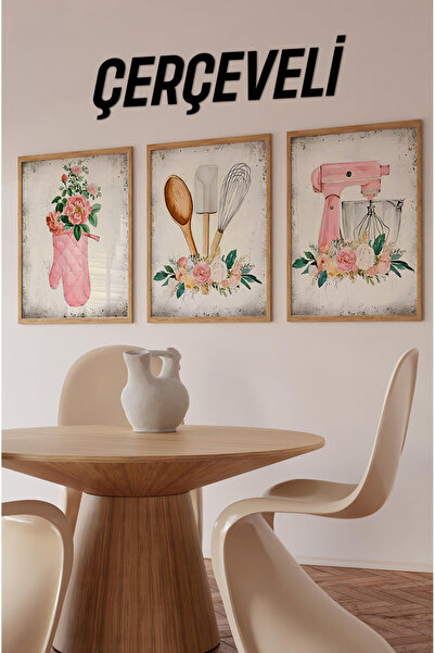 kutuTR 🌸 Pembe Çiçekli Vintage Mutfak Temalı 3’lü Tablo Seti – Çerçeveli, UV...