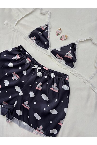 İNKO İÇ GİYİM Satin Patterned Bralet Shorts Set with Lace Detail