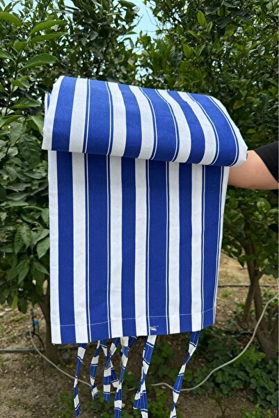 MAROVOAY 1. Sınıf Lüks Elegance Mavi-Beyaz EnxBoy Bağcıklı Balkon Perdesi