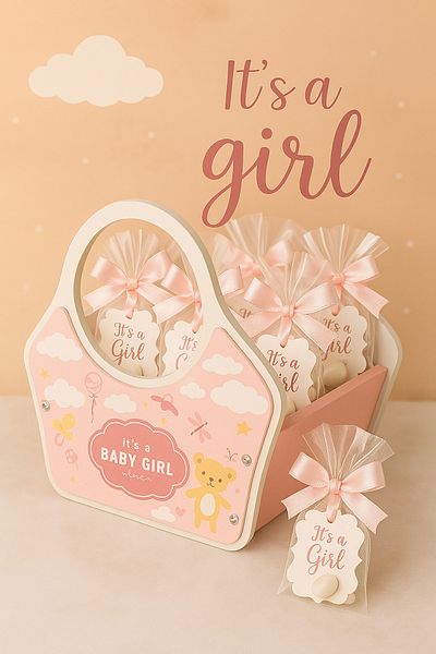 seasons box Baby Girl Favor Basket with Bear and Clouds Design - Soft Pink