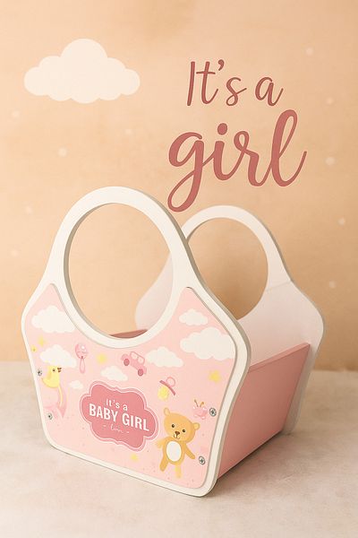 seasons box Baby Girl Favor Basket with Bear and Clouds Design - Soft Pink