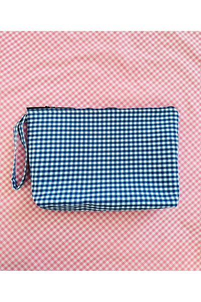 White Alamode Gingham Patterned Zippered Hand Makeup Bag