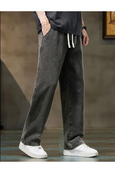 moda camiya Elastic Waist Straight Leg Relaxed Cut Anthracite Men's Baggy Jean Trousers