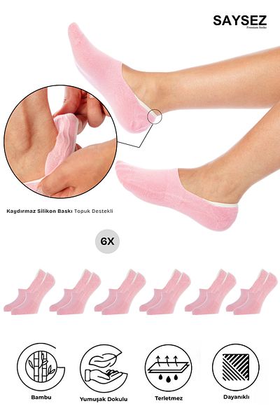 SAYSEZ Bamboo Women's Ballerina Pink Socks Seamless Invisible Non-Slip Heel Silicone Premium Pack of 6