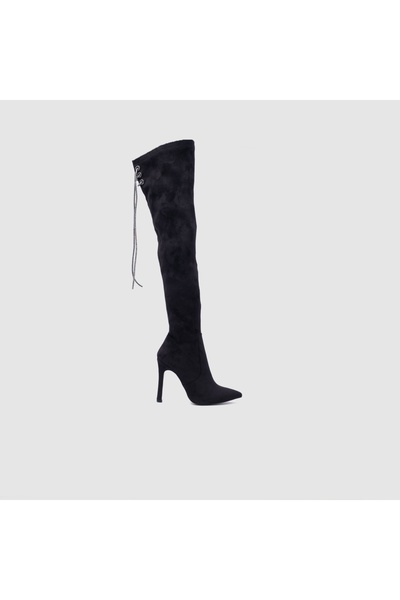 TOGO Siyah Süet Kadın Topuklu Çorap Çizme [060146]