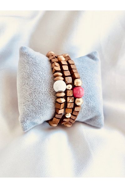COCOSH TAKI Brown Wooden Bpncuklu Gold Detailed Multi-Combination Bracelet